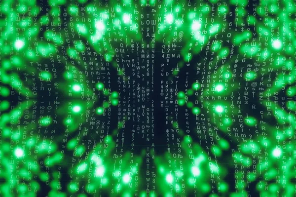 Green blue matrix digital background. Abstract cyberspace concept. Characters fall down. Matrix from symbols stream. Virtual reality design. Complex algorithm data hacking. Green digital sparks.