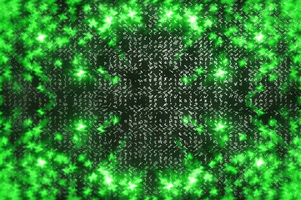 Green matrix digital background. Abstract cyberspace concept. Characters fall down. Matrix from symbols stream. Virtual reality design. Complex algorithm data hacking. Green digital sparks.