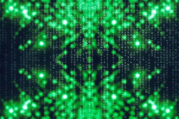 Green blue matrix digital background. Abstract cyberspace concept. Characters fall down. Matrix from symbols stream. Virtual reality design. Complex algorithm data hacking. Green digital sparks.