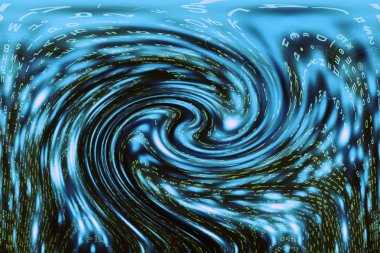 Mavi yeşil matris dijital arka plan. Çarpık siber uzay konsepti. Yeşil karakterler solucan deliğine düşer. Hacklenmiş matris. Sanal gerçeklik tasarımı. Karmaşık algoritma veri hackleme. Cyan dijital kıvılcımlar.