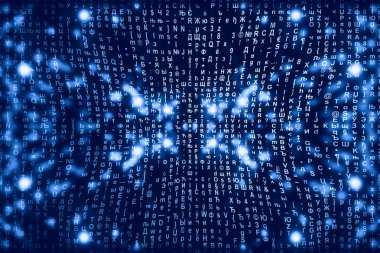Mavi matris dijital arka plan. Soyut siber uzay kavramı. Karakterler düşer. Semboller akışından matris. Sanal gerçeklik tasarımı. Karmaşık algoritma veri hackleme. Cyan dijital kıvılcımlar.