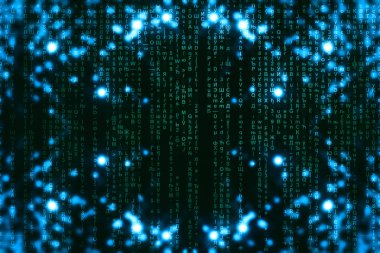 Mavi yeşil matris dijital arka plan. Soyut siber uzay kavramı. Yeşil karakterler düşer. Semboller akışından matris. Sanal gerçeklik tasarımı. Karmaşık algoritma veri hackleme. Cyan dijital kıvılcımlar.