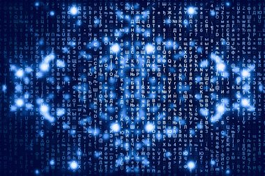 Mavi matris dijital arka plan. Soyut siber uzay kavramı. Karakterler düşer. Semboller akışından matris. Sanal gerçeklik tasarımı. Karmaşık algoritma veri hackleme. Cyan dijital kıvılcımlar.