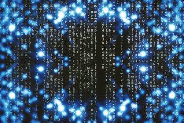 Mavi matris dijital arka plan. Soyut siber uzay kavramı. Karakterler düşer. Semboller akışından matris. Sanal gerçeklik tasarımı. Karmaşık algoritma veri hackleme. Cyan dijital kıvılcımlar.