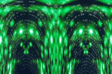 Yeşil mavi matris dijital arka plan. Çarpık siber uzay konsepti. Karakterler düşer. Semboller akışından matris. Sanal gerçeklik tasarımı. Karmaşık algoritma veri hackleme. Yeşil dijital kıvılcımlar.