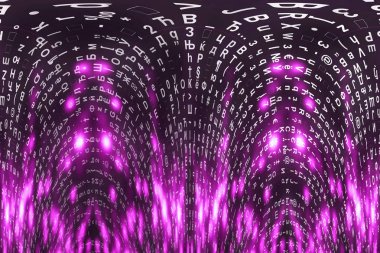 Pembe matris dijital arka plan. Çarpık siber uzay konsepti. Karakterler düşer. Semboller akışından matris. Sanal gerçeklik tasarımı. Karmaşık algoritma veri hackleme. Pembe dijital kıvılcımlar.