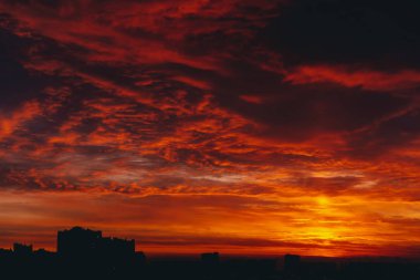 Ateşli kan vampir şafak ile Cityscape. Şehir binalarının karanlık siluetleri üzerinde Inanılmaz sıcak dramatik bulutlu gökyüzü. Turuncu güneş ışığı. Bulutlu havalarda gün doğumunun atmosferik arka planı. Kopyalama alanı.