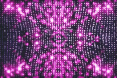 Pembe matris dijital arka plan. Soyut siber uzay kavramı. Karakterler düşer. Semboller akışından matris. Sanal gerçeklik tasarımı. Karmaşık algoritma veri hackleme. Pembe dijital kıvılcımlar.