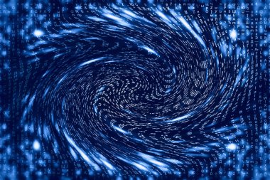 Mavi matris dijital arka plan. Çarpık siber uzay konsepti. Karakterler solucan deliğine düşer. Hacklenmiş matris. Sanal gerçeklik tasarımı. Karmaşık algoritma veri hackleme. Cyan dijital kıvılcımlar.