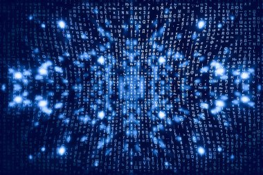 Mavi matris dijital arka plan. Soyut siber uzay kavramı. Karakterler düşer. Semboller akışından matris. Sanal gerçeklik tasarımı. Karmaşık algoritma veri hackleme. Cyan dijital kıvılcımlar.