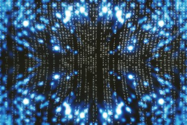 Mavi matris dijital arka plan. Soyut siber uzay kavramı. Karakterler düşer. Semboller akışından matris. Sanal gerçeklik tasarımı. Karmaşık algoritma veri hackleme. Cyan dijital kıvılcımlar.