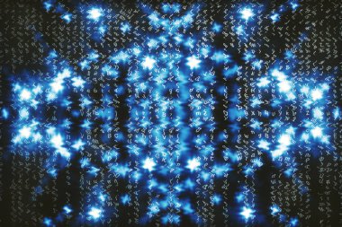 Mavi matris dijital arka plan. Soyut siber uzay kavramı. Karakterler düşer. Semboller akışından matris. Sanal gerçeklik tasarımı. Karmaşık algoritma veri hackleme. Cyan dijital kıvılcımlar.