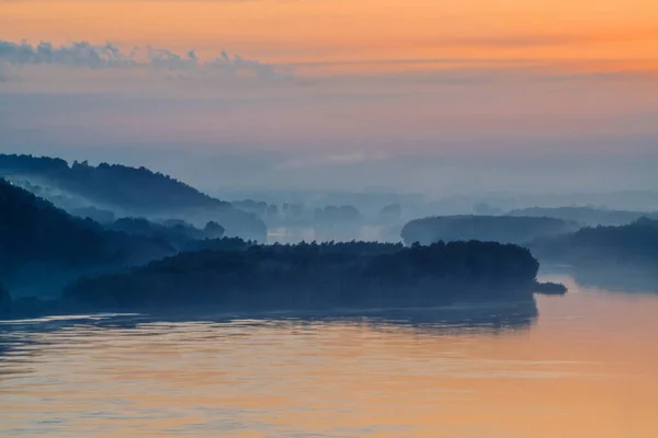 Niebla Mística Mañana Sobre Amplio Valle Del Río Brillo Oro — Foto de Stock