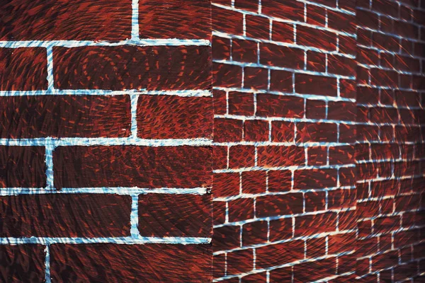 Hallucinogen red surreal brick wall. Asymmetric angle of exotic brown fluorescent uneven wall in perspective. Haunted imagination from drugs and alcohol. Geometric background.