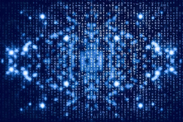 蓝色矩阵数字背景 抽象网络空间概念 字符掉落 来自符号流的矩阵 虚拟现实设计 复杂的算法数据黑客 青色数字火花 — 图库照片