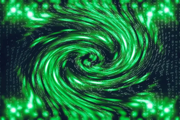 緑の青いマトリックスデジタル背景 歪んだサイバースペースの概念 キャラクターはワームホールに落ちる ハッキングされたマトリックスバーチャルリアリティデザイン 複雑なアルゴリズムデータハッキング グリーンデジタルスパーク — ストック写真