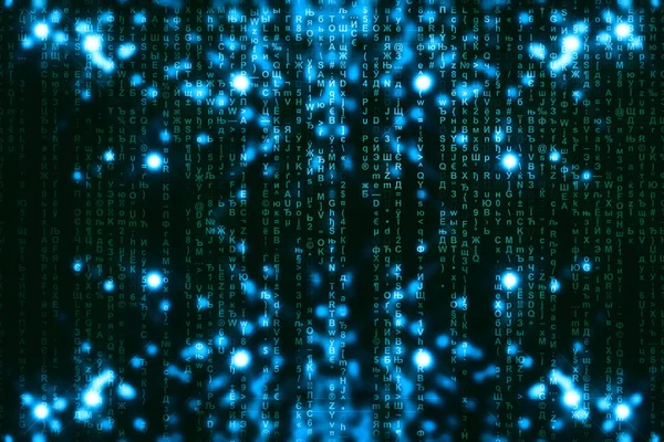 蓝绿色矩阵数字背景 抽象网络空间概念 绿色字符掉落 来自符号流的矩阵 虚拟现实设计 复杂的算法数据黑客 青色数字火花 — 图库照片