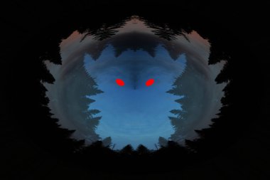 Scary background with ghost with red eyes in dark tones. Night silhouette of creepy monster in shadow with copy space. Halloween story with devil. Spooky demon. Supernatural powers. Pure evil. clipart