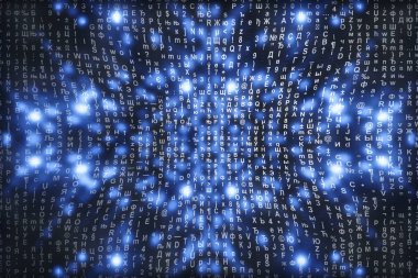 Mavi matris dijital arka plan. Soyut siber uzay kavramı. Karakterler düşer. Semboller akışından matris. Sanal gerçeklik tasarımı. Karmaşık algoritma veri hackleme. Cyan dijital kıvılcımlar.