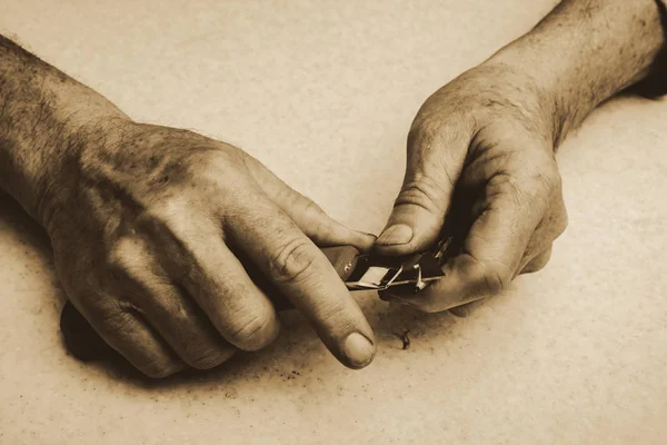 Yaşlı adam kalemi bünyeyle biler. Sanatçının elleri sepya tonlarında yakın. Tek renkli arka plan.