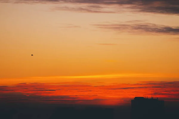 Erstaunliche Warme Dramatische Bewölkten Himmel Über Dunklen Silhouetten Der Stadt — Stockfoto