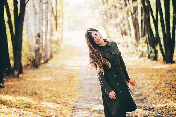 Dreamy Dancing Girl Long Natural Black Hair Autumn Background Trees — ストック写真