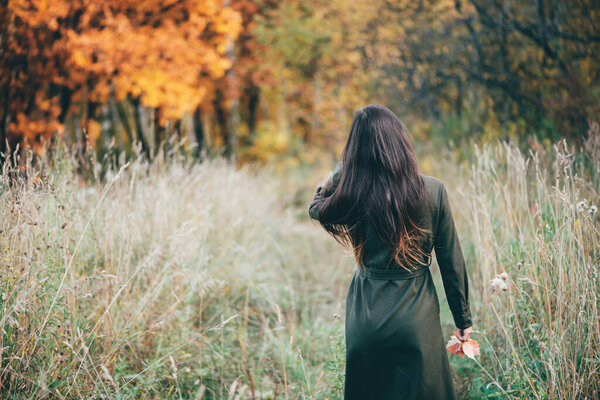 Dreamy beautiful girl with long natural black hair on background with colorful leaves. Fallen leaves in girl hands in autumn forest. Girl surrounded by vivid foliage. Back view. No face.