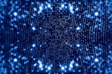 Mavi matris dijital arka plan. Soyut siber uzay kavramı. Karakterler düşer. Semboller akışından matris. Sanal gerçeklik tasarımı. Karmaşık algoritma veri hackleme. Cyan dijital kıvılcımlar.