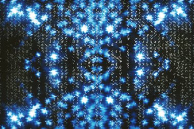 Mavi matris dijital arka plan. Soyut siber uzay kavramı. Karakterler düşer. Semboller akışından matris. Sanal gerçeklik tasarımı. Karmaşık algoritma veri hackleme. Cyan dijital kıvılcımlar.