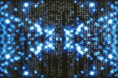 Mavi matris dijital arka plan. Soyut siber uzay kavramı. Karakterler düşer. Semboller akışından matris. Sanal gerçeklik tasarımı. Karmaşık algoritma veri hackleme. Cyan dijital kıvılcımlar.