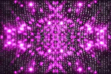 Pembe matris dijital arka plan. Soyut siber uzay kavramı. Karakterler düşer. Semboller akışından matris. Sanal gerçeklik tasarımı. Karmaşık algoritma veri hackleme. Pembe dijital kıvılcımlar.