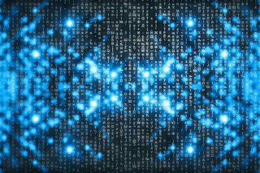 Mavi matris dijital arka plan. Soyut siber uzay kavramı. Karakterler düşer. Semboller akışından matris. Sanal gerçeklik tasarımı. Karmaşık algoritma veri hackleme. Cyan dijital kıvılcımlar.