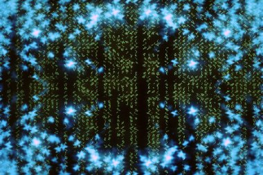 Mavi yeşil matris dijital arka plan. Soyut siber uzay kavramı. Yeşil karakterler düşer. Semboller akışından matris. Sanal gerçeklik tasarımı. Karmaşık algoritma veri hackleme. Cyan dijital kıvılcımlar.