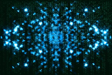 Mavi yeşil matris dijital arka plan. Soyut siber uzay kavramı. Yeşil karakterler düşer. Semboller akışından matris. Sanal gerçeklik tasarımı. Karmaşık algoritma veri hackleme. Cyan dijital kıvılcımlar.