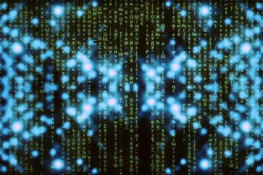 Mavi yeşil matris dijital arka plan. Soyut siber uzay kavramı. Yeşil karakterler düşer. Semboller akışından matris. Sanal gerçeklik tasarımı. Karmaşık algoritma veri hackleme. Cyan dijital kıvılcımlar.