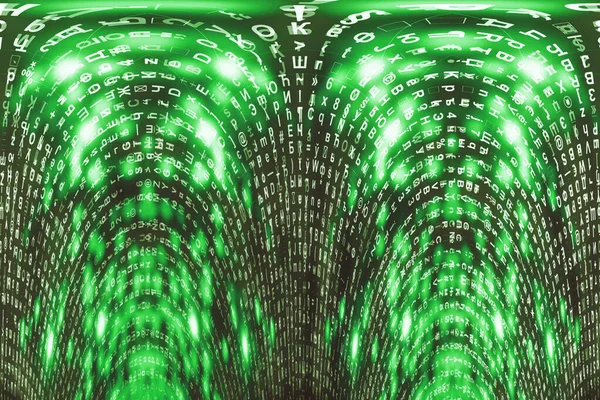 绿色矩阵数字背景 扭曲的网络空间概念 字符掉落 来自符号流的矩阵 虚拟现实设计 复杂的算法数据黑客 绿色数字火花 — 图库照片