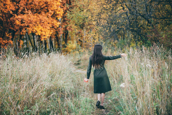 Dreamy beautiful girl with long natural black hair on background with colorful leaves. Fallen leaves in girl hands in autumn forest. Girl in full growth surrounded by vivid foliage. Back view. No face
