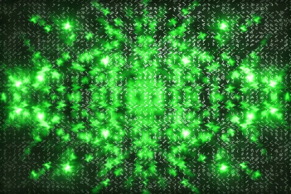 Green matrix digital background. Abstract cyberspace concept. Characters fall down. Matrix from symbols stream. Virtual reality design. Complex algorithm data hacking. Green digital sparks.