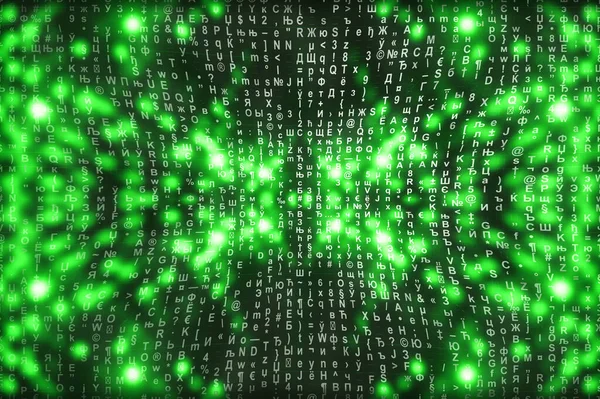 绿色矩阵数字背景 抽象网络空间概念 字符掉落 来自符号流的矩阵 虚拟现实设计 复杂的算法数据黑客 绿色数字火花 — 图库照片