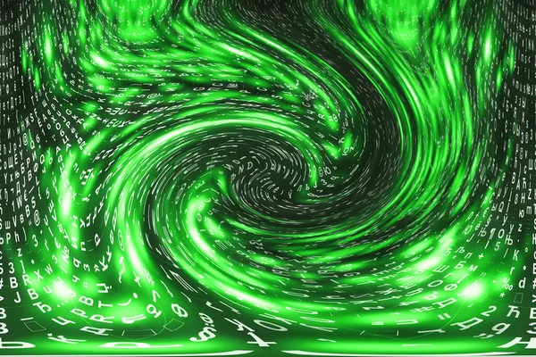 Зелений Матричний Цифровий Фон Концепція Кіберпростору Персонажі Падають Червоточину Зламана — стокове фото