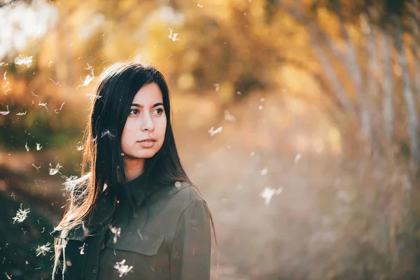 보케를 배경으로 황금빛 아래노란 나뭇잎이 아름다운 영감을 소녀는 숲에서 일몰을 — 스톡 사진