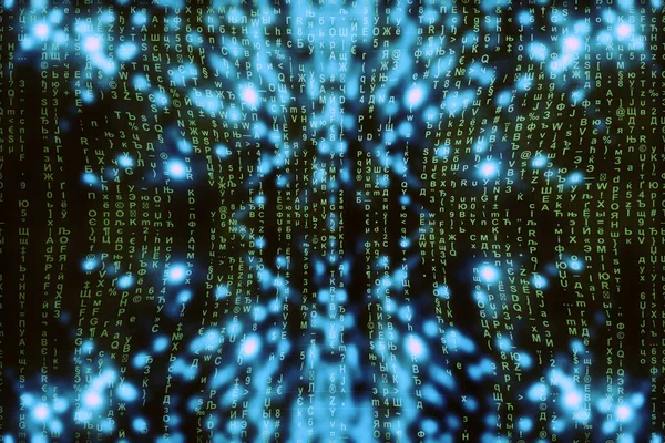 Blue green matrix digital background. Abstract cyberspace concept. Green characters fall down. Matrix from symbols stream. Virtual reality design. Complex algorithm data hacking. Cyan digital sparks.