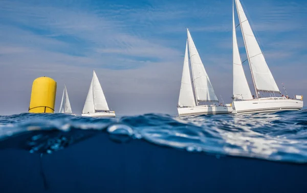 Underwater View Sailing Boats Yellow Buoy Racing Open Sea — Stock Photo, Image