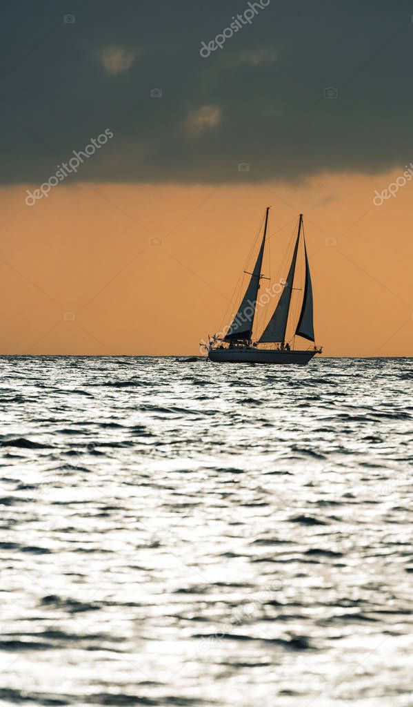 Dark silhouette of sailing boats on open sea