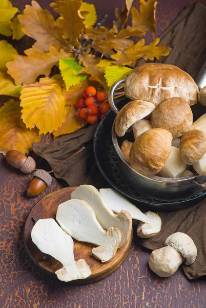 Pilz Steinpilz edulis über Holz Hintergrund, Nahaufnahme auf Holz rustikalen Tisch. Köstliche Bio-Pilze kochen. Gourmet-Essen — Stockfoto