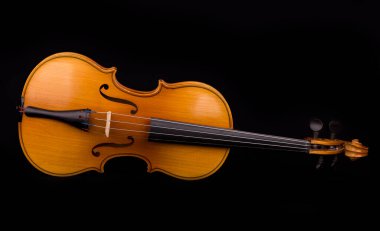 Orkestranın keman müzik aleti siyah üzerine izole edilmiş.