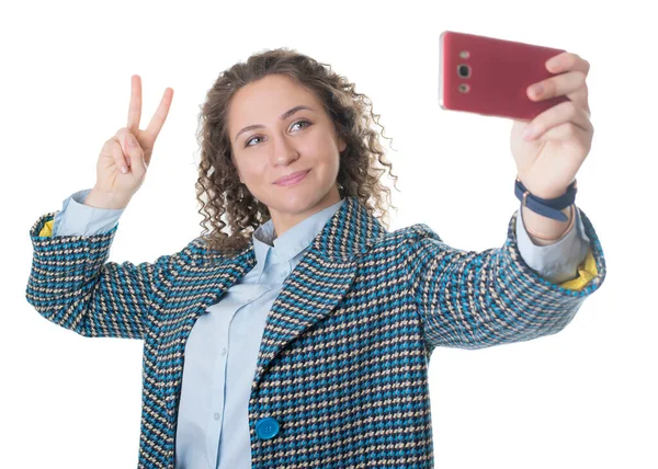 Detail Portrét Roztomilé Krásné Ženy Přičemž Selfie Ukazující Mírové Znamení — Stock fotografie