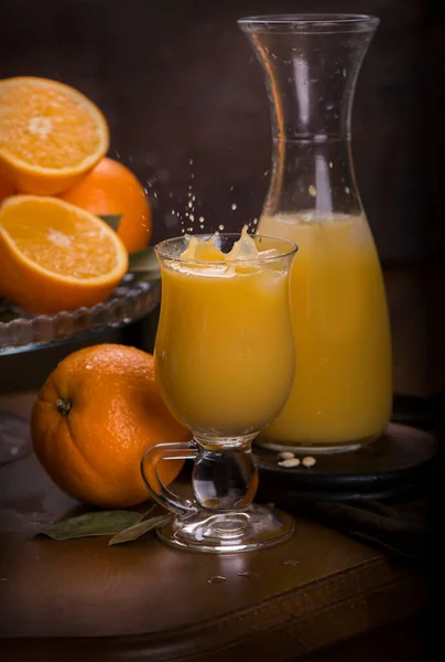 Glass Fresh Orange Juice Fresh Fruits Wooden Table — Stock Photo, Image