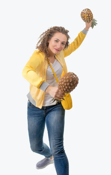 Beautiful Young Woman Pineapple Isolated White — Stock Photo, Image
