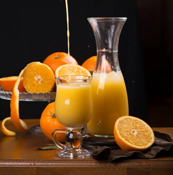 Glass Fresh Orange Juice Fresh Fruits Wooden Table — Stock Photo, Image